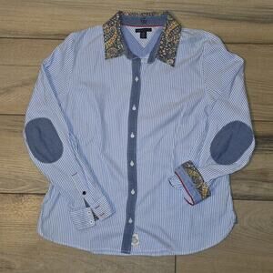 Tommy Hilfiger Men’s XL Striped Button Shirt Paisley Collar Cuffs Elbow Patch